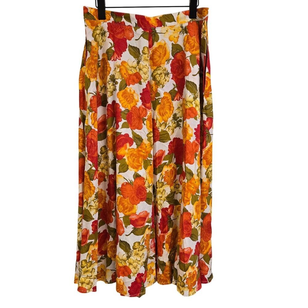 Vintage‎ Womens M Floral Skirt Autumn Colors Midi Length Vibrant Orange & Yellow